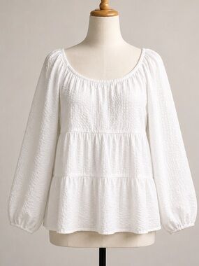 Old Navy White Textured Peasant Tiered Scoop Neck Balloon Sleeve Blouse
